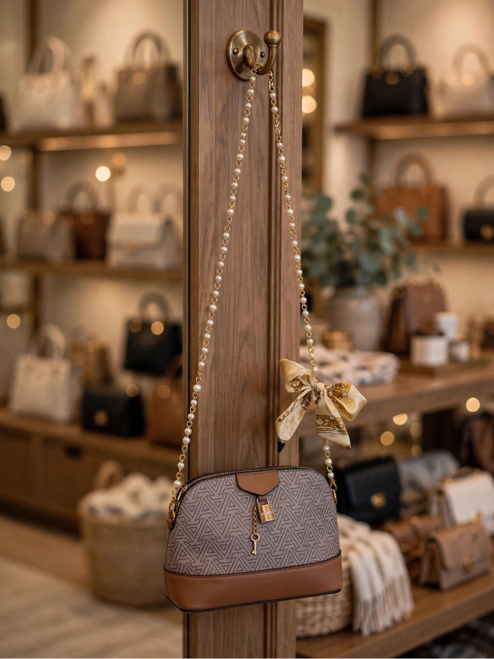 Aldo Beige & Brown Logo Dome Crossbody with Pearl Chain